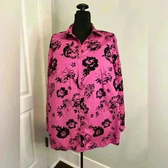 Roamans Womens Plus 14W Bright Fuchsia & Black Floral Cotton‎ Button Down Blouse - Picture 1 of 10